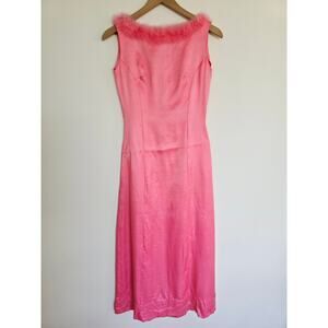 Vintage Pink Feather Trim Midi Dress Sleeveless Slip Dress Size XS/S